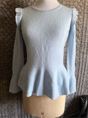Light Blue Ruffle Peplum Crewneck Sweater 100%Cashmere.